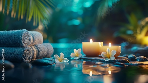 Relaxing spa ambiance with towels, candles, and flowers on serene water.