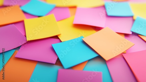 A detailed 3D render of colorful sticky notes scattered on a desk, soft lighting, vibrant colors, closeup