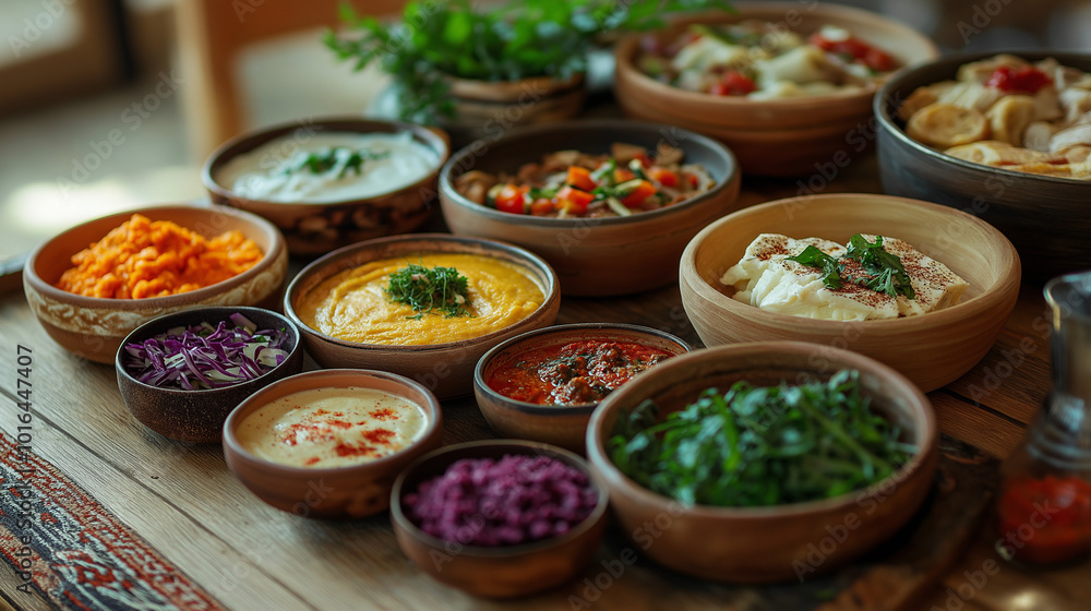 Variety of dishes from different cultures on a table representing gastronomic diversity. Generative AI. Variety of dishes from different cultures on a table representing gastronomic diversity. Generative AI.