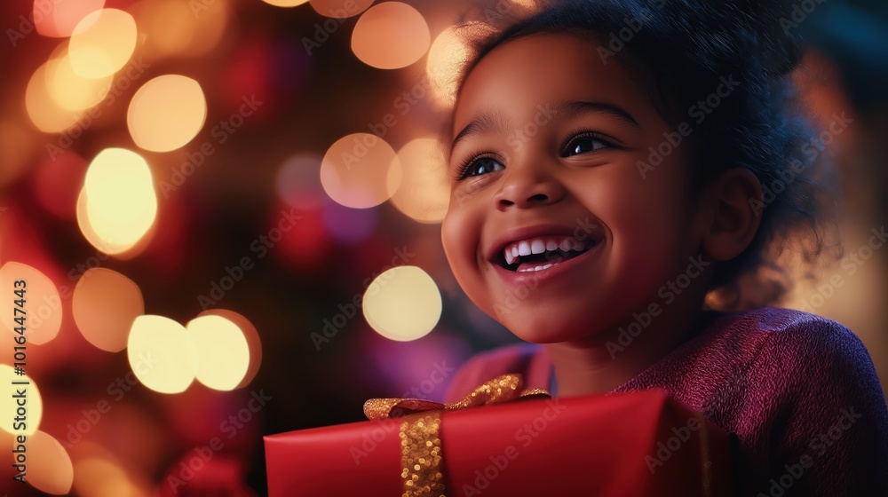 Closeup portrait of an excited young African American girl joyfully receiving a Christmas present with a big smile surrounded by a colorful festive background of holiday lights and Closeup portrait of an excited young African American girl joyfully receiving a Christmas present with a big smile surrounded by a colorful festive background of holiday lights and