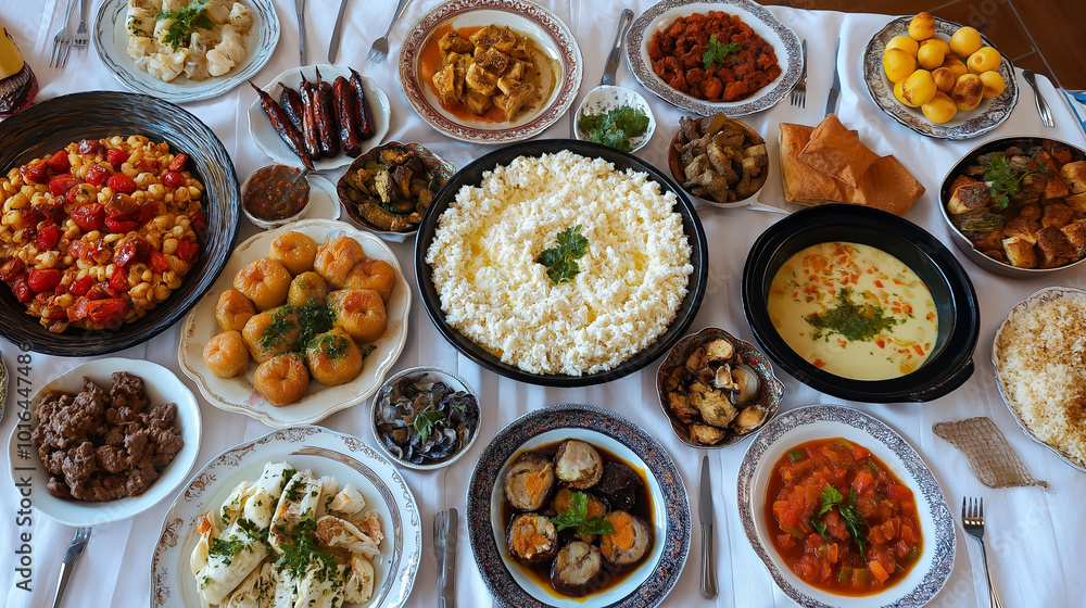 Variety of dishes from different cultures on a table representing gastronomic diversity. Generative AI. Variety of dishes from different cultures on a table representing gastronomic diversity. Generative AI.