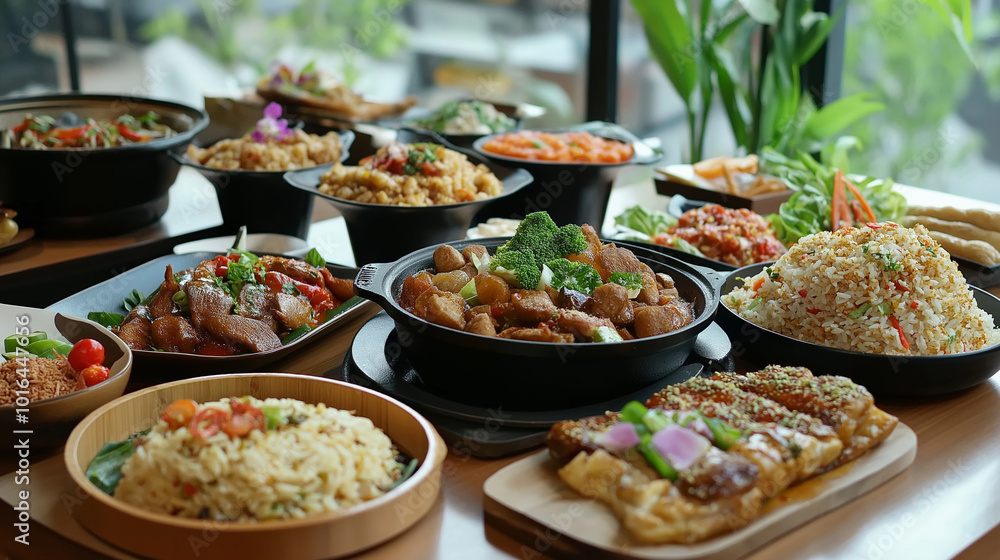 Fototapeta premium Variety of dishes from different cultures on a table representing gastronomic diversity. Generative AI.