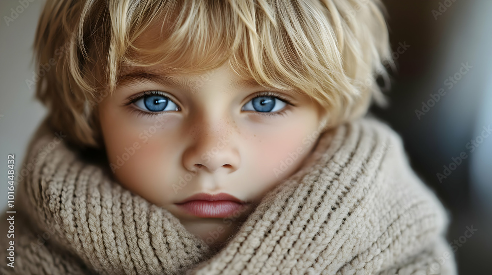 Young Boy with Blonde Hair and Blue Eyes, Wearing a Knitted Scarf, Looking Directly at the Camera Young Boy with Blonde Hair and Blue Eyes, Wearing a Knitted Scarf, Looking Directly at the Camera