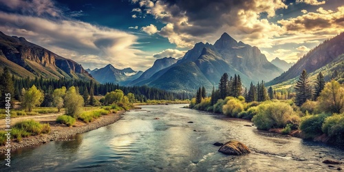 panoramic river mountain landscape vintage style