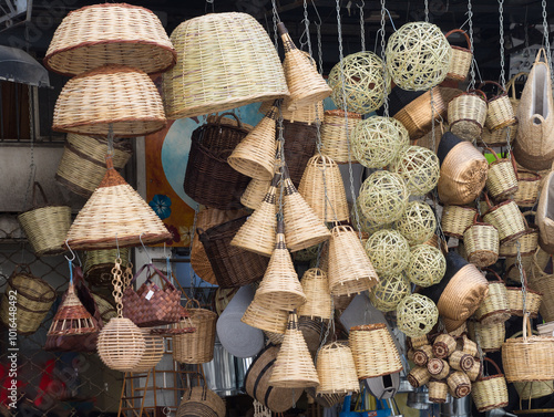 straw baskets hanged in the market
