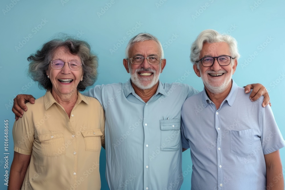 Portrait of a group of senior friends smiling at the camera against blue background Portrait of a group of senior friends smiling at the camera against blue background
