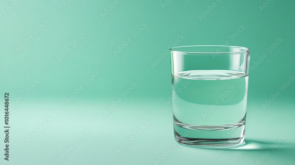 A glass of water sits on a turquoise background. A glass of water sits on a turquoise background.