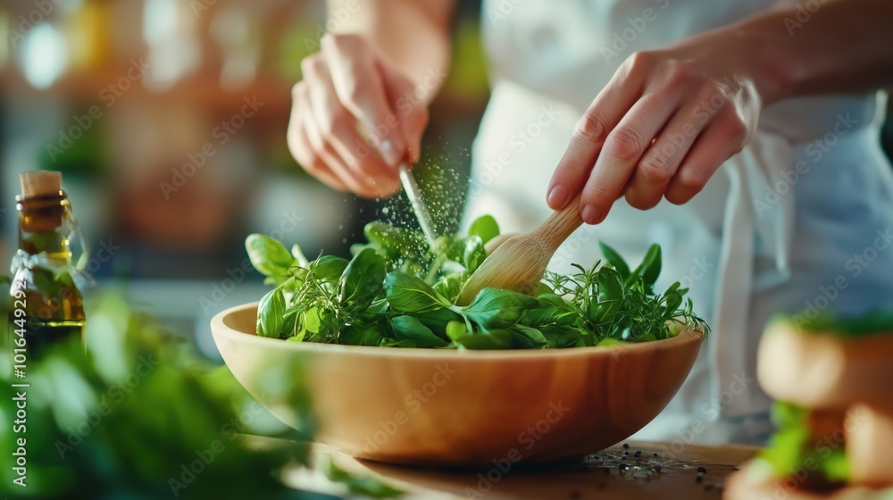 Freshly prepared nutritious salad bowl with a variety of vibrant green leafy vegetables and fresh herbs arranged beautifully on a wooden table  Healthy plant based organic