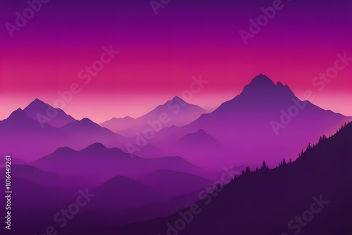 Mountain silhouettes with a gradient background transitioning from red to violet, AI Generated