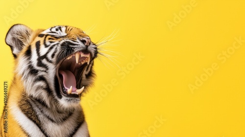 Fierce Majestic Tiger Roaring Powerfully and Displaying Its Intense Captivating Gaze Against a Vibrant Yellow Background Represents the Untamed Spirit and Ferocity of the Wilderness