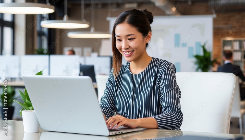 Smiling Woman Working on Laptop in Modern Office Smiling Woman Working on Laptop in Modern Office