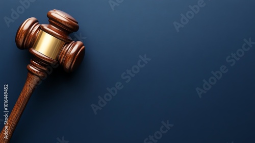 A wooden gavel with a gold band sits on a blue surface.