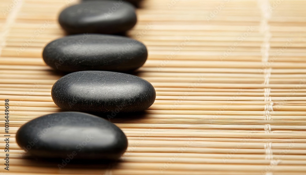 Smooth black stones arranged on a bamboo mat, peaceful and calming composition. Smooth black stones arranged on a bamboo mat, peaceful and calming composition.
