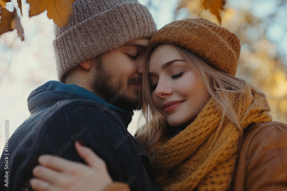 Fototapeta premium Amazing wonderful autumn season, people admiring golden fall colors outdoors, Generative AI