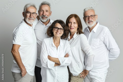 Group of senior people standing together and smiling at the camera on grey background