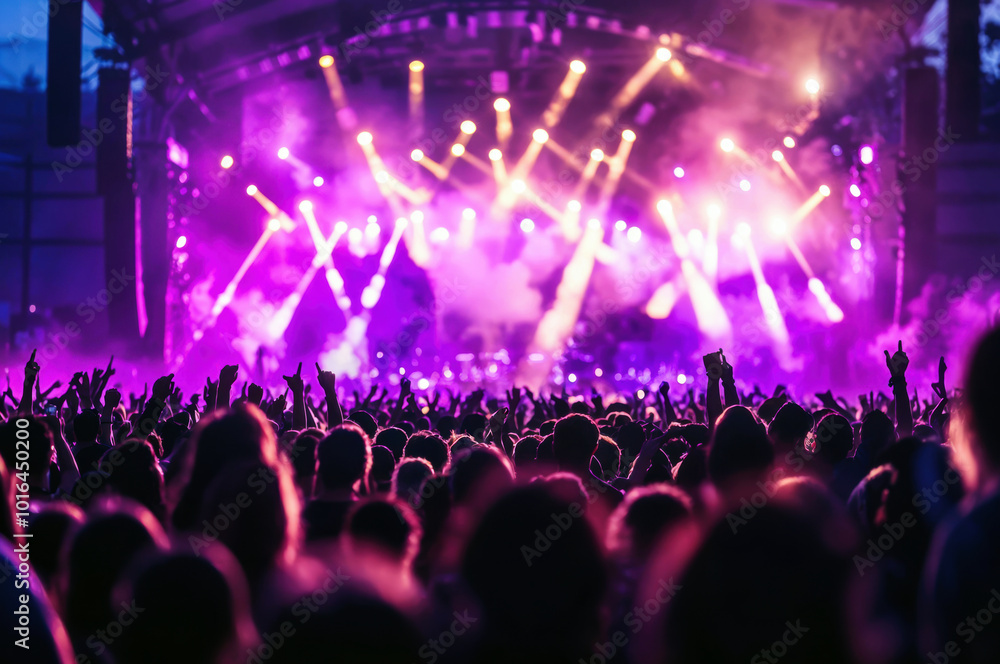 concert scene with a large crowd under colorful lights, creating an energetic atmosphere filled with excitement and music.