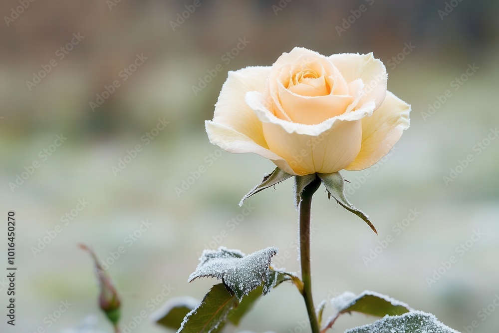 Beautiful peach rose with frosty leaves, isolated on a soft blurred background. Beautiful peach rose with frosty leaves, isolated on a soft blurred background.