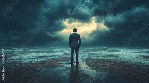 a determined businessman in a suit stands at a crossroads gazing into a brewing storm symbolizing potential business risks challenges and uncertain future problems ahead.illustration