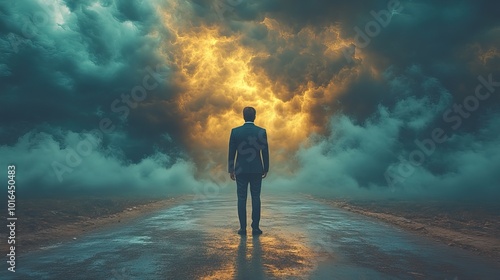 a determined businessman in a suit stands at a crossroads gazing into a brewing storm symbolizing potential business risks challenges and uncertain future problems ahead.create by F.a