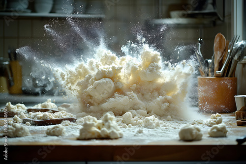 Kitchen Covered In A Cloud Of Flour, Dough Splattered Across The Counter photo