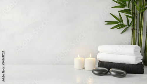 Spa setting with candles, towels, black stones, and bamboo on a white background.