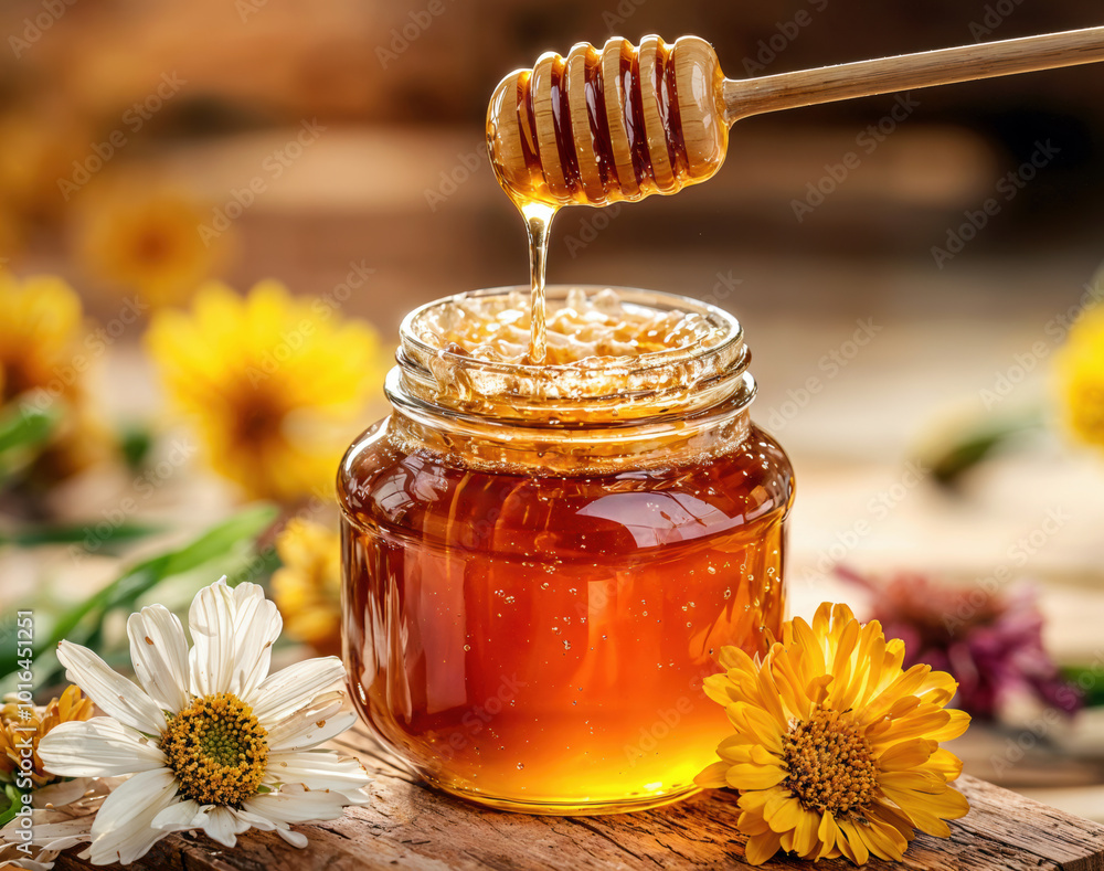 Honey dripping from wooden honey dipper into a glass jar on a wooden table with flowers in the background Honey dripping from wooden honey dipper into a glass jar on a wooden table with flowers in the background