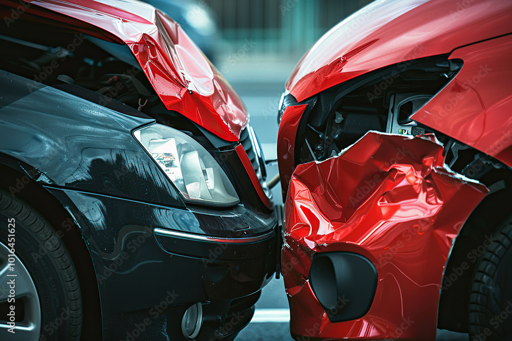 Fototapeta premium Collision of two vehicles involved in major accident on city road with damage