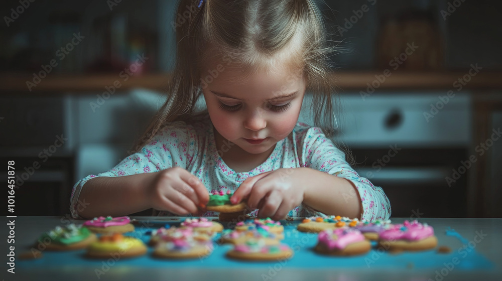 Fototapeta premium Creating Sweet Memories: A Little Girl's Delightful Experience in Decorating Colorful Cookies with Icing and Sprinkles in a Cozy Kitchen Setting