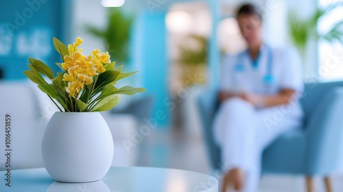 Vibrant yellow flowers in a white vase adding a cheerful touch to the interior of a medical clinic or hospital workspace  The floral arrangement brings a natural soothing element  photo