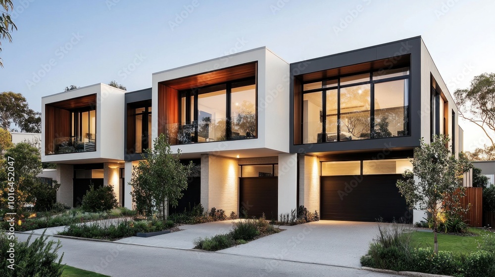 Modern townhouse with a simple design. Characterized by a flat roof Large floor-to-ceiling windows and neutral color tones Modern architecture emphasizes the use of every space in a cost-effective and Modern townhouse with a simple design. Characterized by a flat roof Large floor-to-ceiling windows and neutral color tones Modern architecture emphasizes the use of every space in a cost-effective and