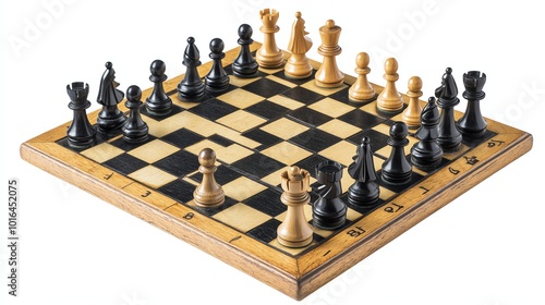 A chessboard with black and white pieces set up for a game.