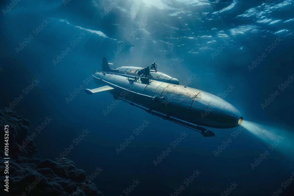 Beautiful large bathyscaphe floating in middle of ocean during exploration Beautiful large bathyscaphe floating in middle of ocean during exploration
