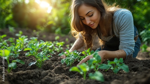 a gardener tends to young plants in a sunny spring garden preparing soil and planting seedlings to cultivate a homegrown food crop.stock image