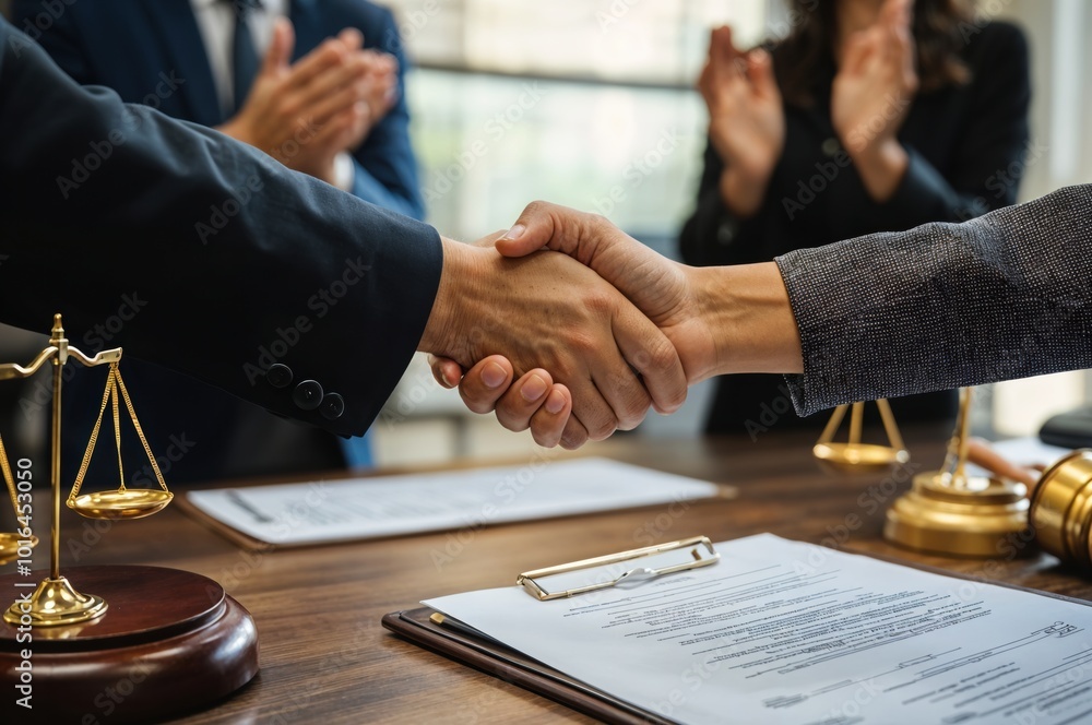 © oksa_studio - Two lawyers are shaking hands after reaching a successful agreement during a business meeting, while their colleagues applaud them