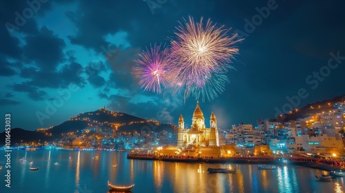 Diwali night sky lit up with bright fireworks over an ancient temple, festive atmosphere,