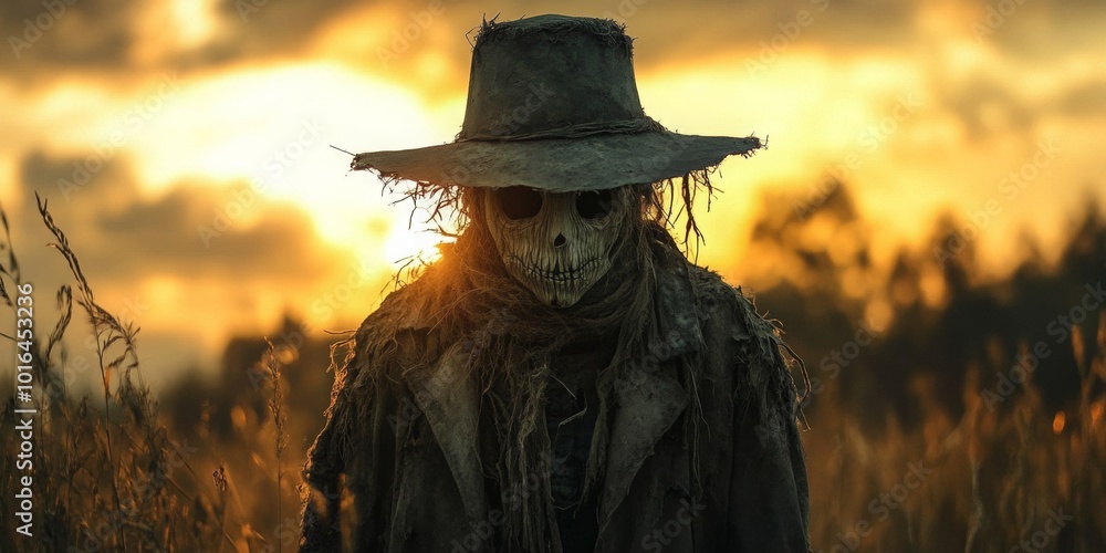 Eerie Scarecrow in Twilight, a tattered figure with a wide-brimmed hat, looming against a softly blurred evening backdrop Eerie Scarecrow in Twilight, a tattered figure with a wide-brimmed hat, looming against a softly blurred evening backdrop
