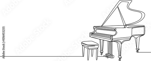 continuous single line drawing of grand piano, line art vector illustration