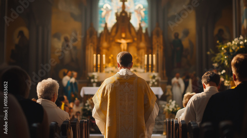 solemn moment in church, featuring priest in yellow vestment leading service, with congregants seated in background. atmosphere is serene and reflective. 