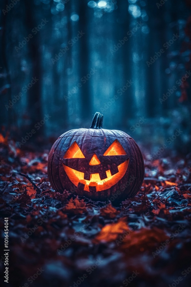 Halloween pumpkin with a carved face glowing in the dark forest at night. Halloween pumpkin with a carved face glowing in the dark forest at night.