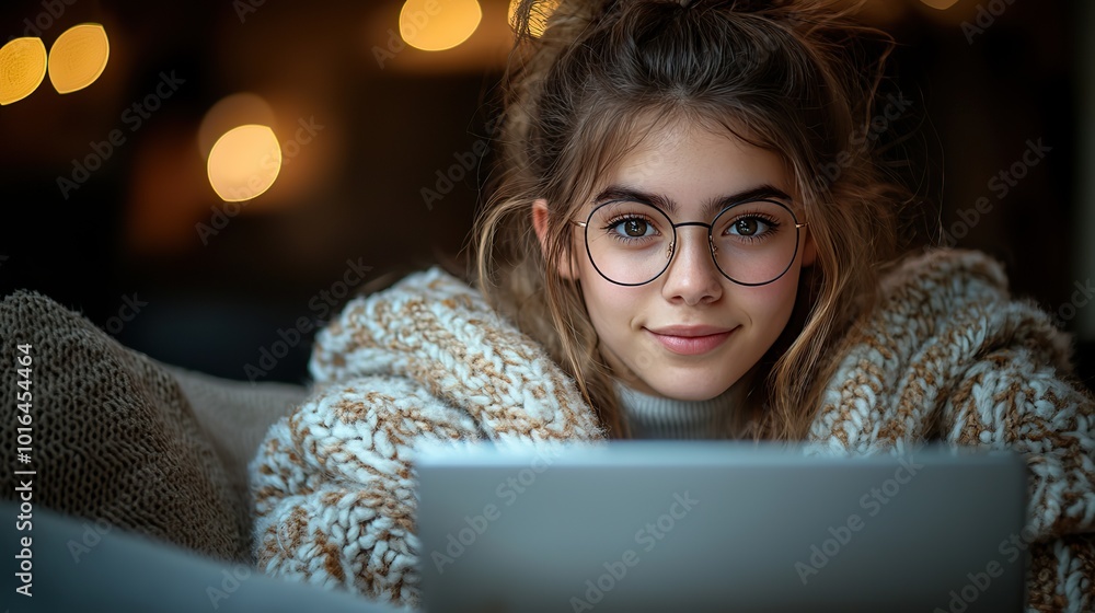 a happy young female student sitting on sofa studying.create by F.a a happy young female student sitting on sofa studying.create by F.a