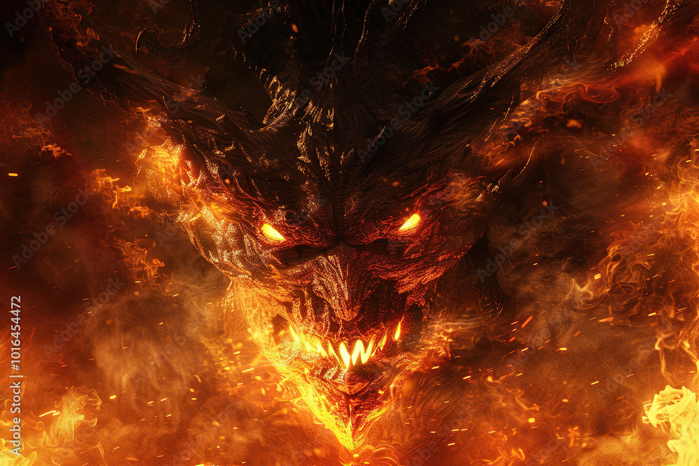Scary sinister devil is in hell with dramatic fire lighting on the background Scary sinister devil is in hell with dramatic fire lighting on the background