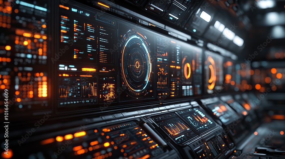 a high tech control room,multiple dashboard screens displaying real time data analytics graphs and metrics set in a dark futuristic atmosphere.create by F.a a high tech control room,multiple dashboard screens displaying real time data analytics graphs and metrics set in a dark futuristic atmosphere.create by F.a