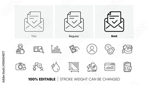Consulting business, Photo camera and Hydroelectricity line icons. Pack of Diagram graph, Website statistics, Checklist icon. Time management, Approved mail, Energy price pictogram. Line icons. Vector