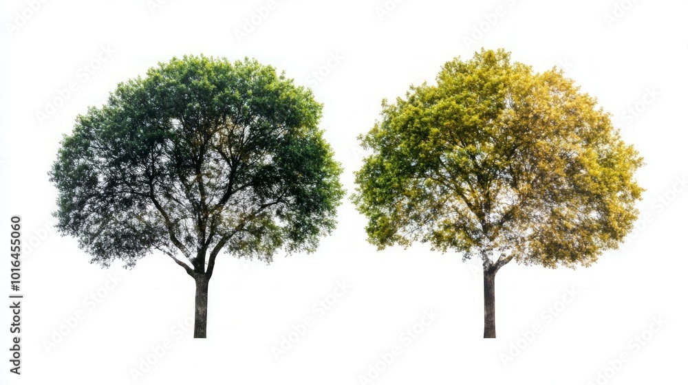 Fototapeta premium Two trees, one green and one yellow, isolated on a white background.