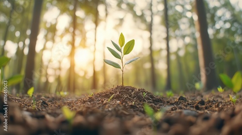 A young sapling emerging from the soil in a sunlit forest.