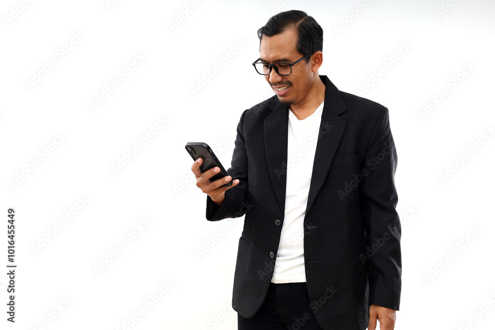 Happy Asian businessman standing using smartphone, isolated on white background Happy Asian businessman standing using smartphone, isolated on white background