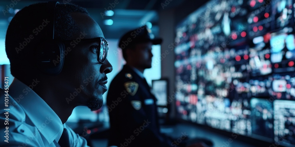 Professional team in call center control room Wear a headset and work on the computer. while a large screen shows city roads and traffic lights. environment with technology Professional team in call center control room Wear a headset and work on the computer. while a large screen shows city roads and traffic lights. environment with technology