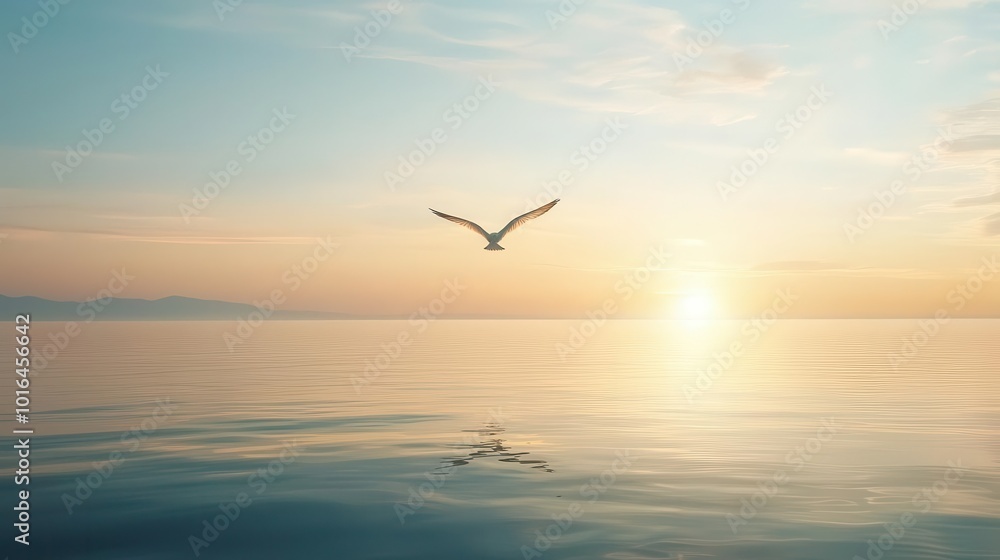 Fototapeta premium Seagull flying over calm water at sunset, creating a serene atmosphere.