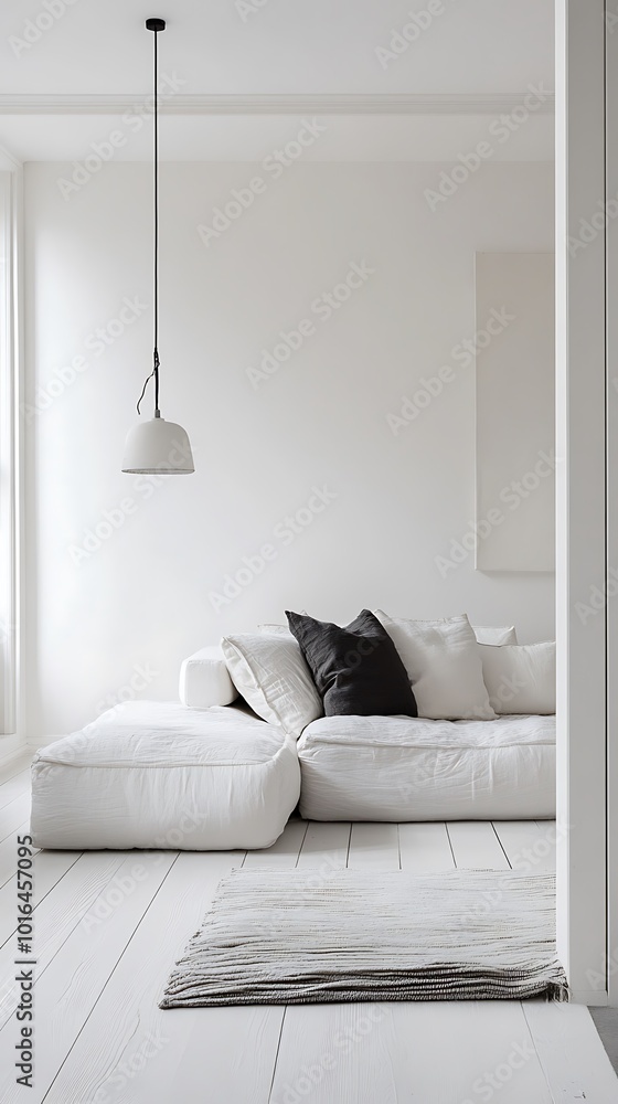Minimalist White Living Room with a L-Shaped Couch and a Hanging Pendant Light Minimalist White Living Room with a L-Shaped Couch and a Hanging Pendant Light