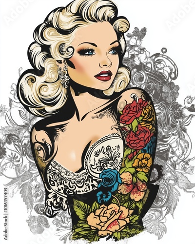 A stylish pin-up girl with elaborate tattoos and floral theme, showcasing retro aesthetics.
